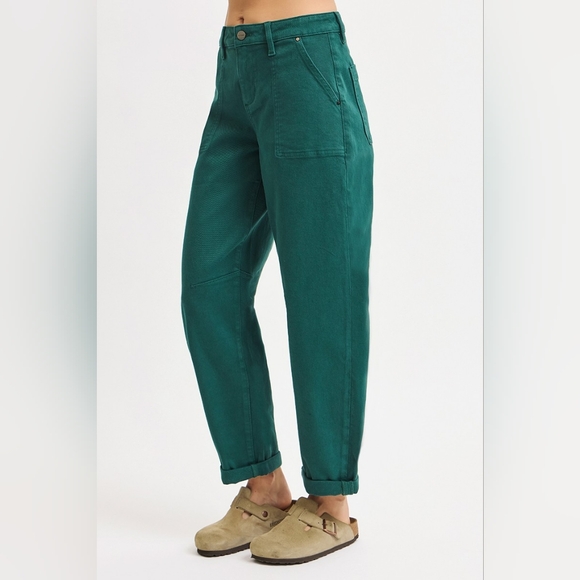 Risen High Rise Barrel Jeans Cuffed Ankle Hunter Green Trend Cropped Various NEW - Picture 4 of 6